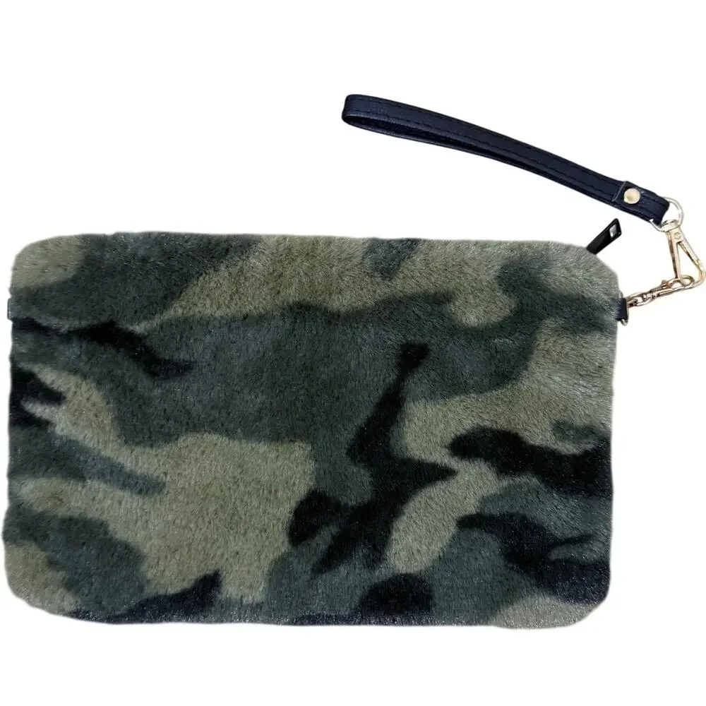 Camouflage Faux Fur Clutch Camo Print Wristlet Bag Green & Black